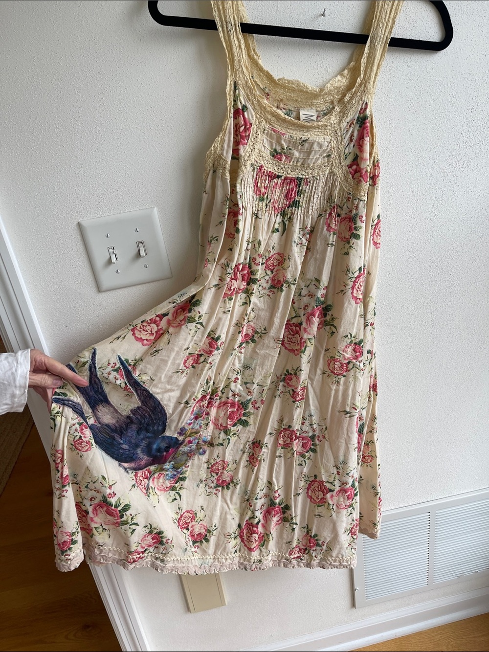 Magnolia Pearl Cream Floral Mini Dress with Pink Roses and Blue Bird